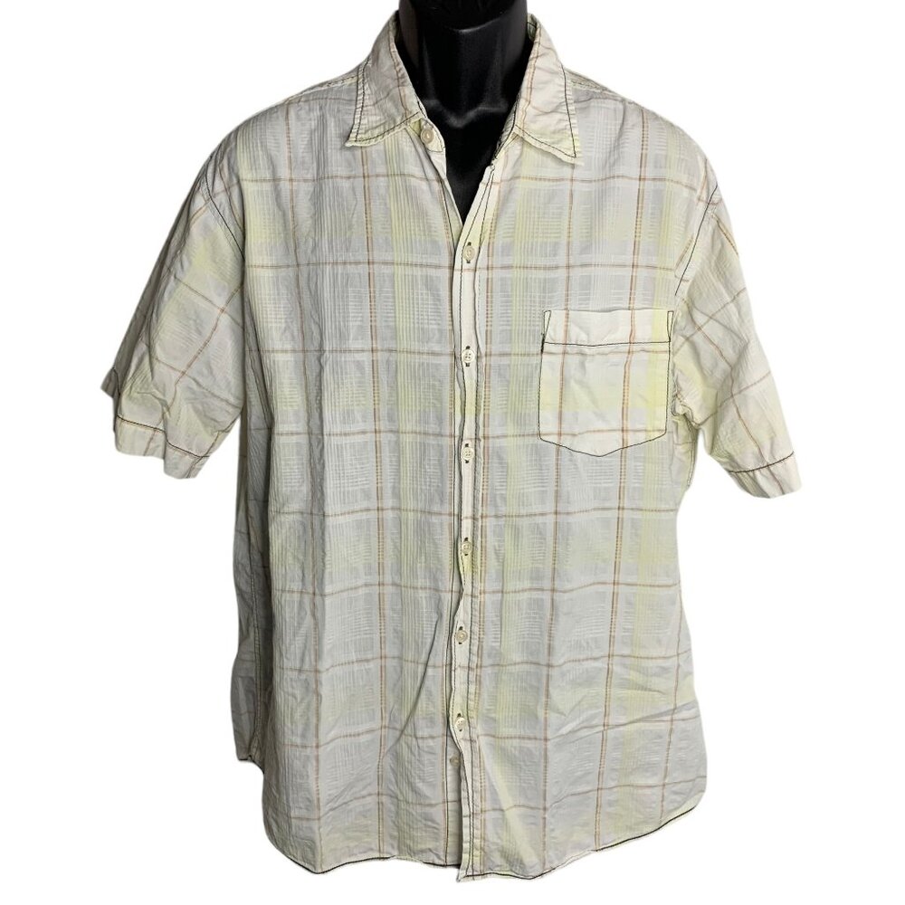 Woolworths Short Sleeve Button Up Shirt L White Plaid Chest Pocket Collared